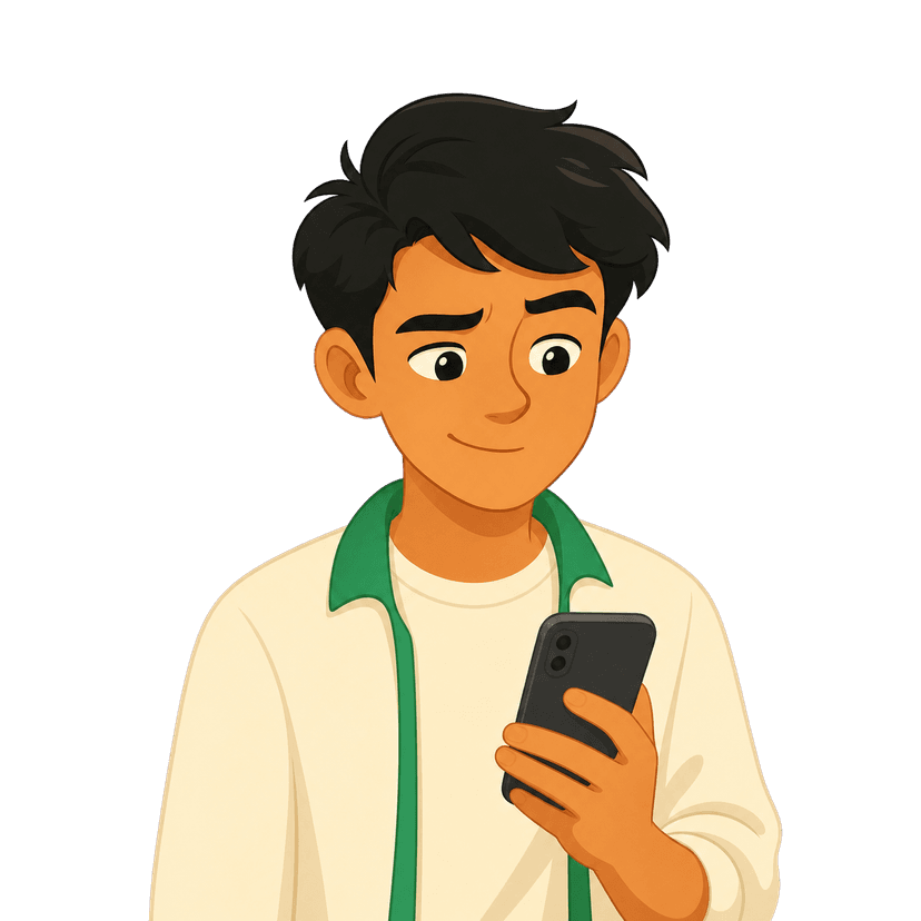 Nino mascot checking a phone for scams